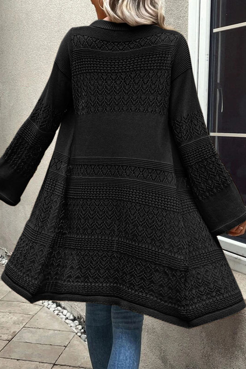 Gray Pointelle Knit Open Front Cardigan