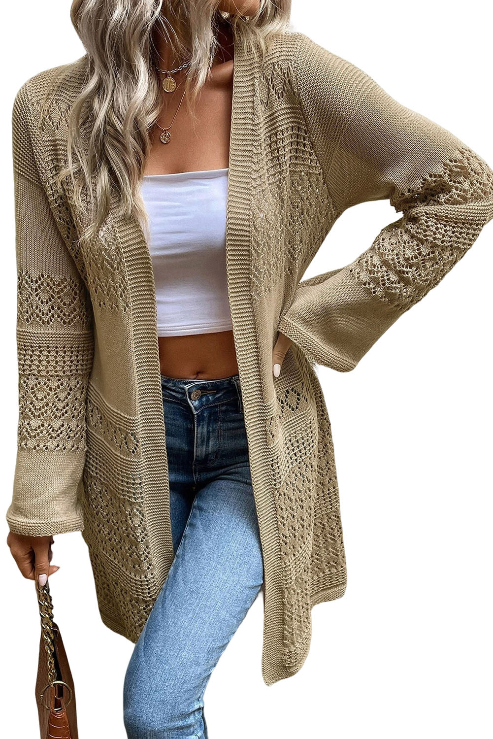 Gray Pointelle Knit Open Front Cardigan