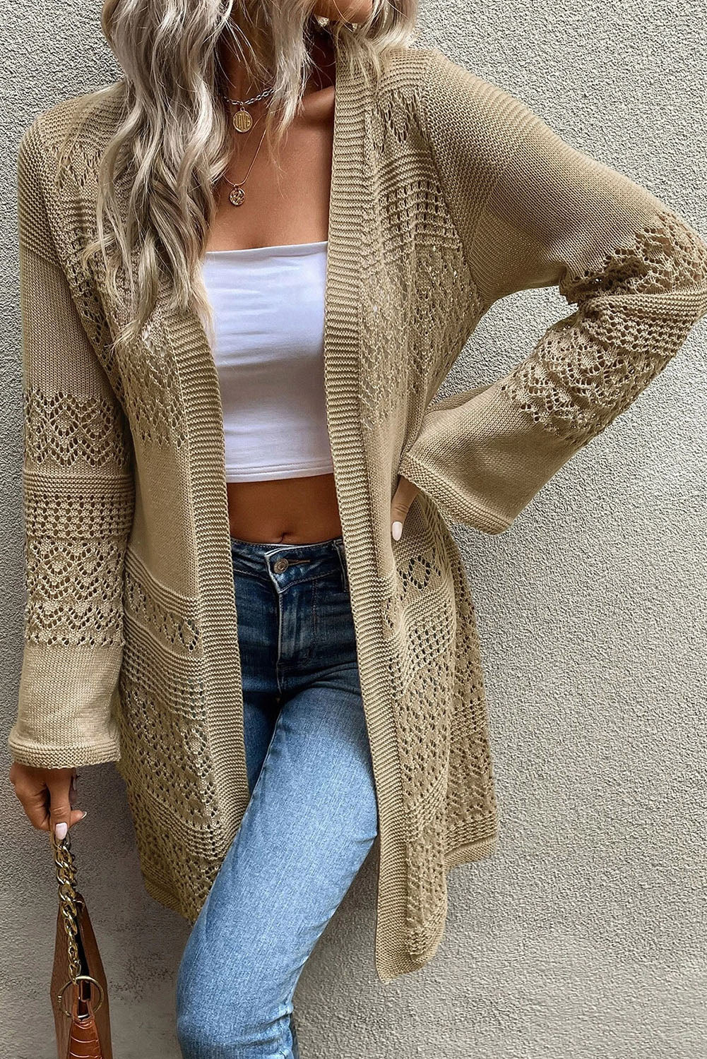 Gray Pointelle Knit Open Front Cardigan