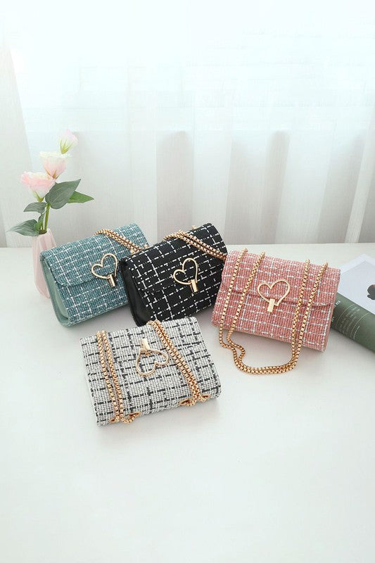 TWILL VALENTINE HEART METAL SHAPE CROSSBODY BAG