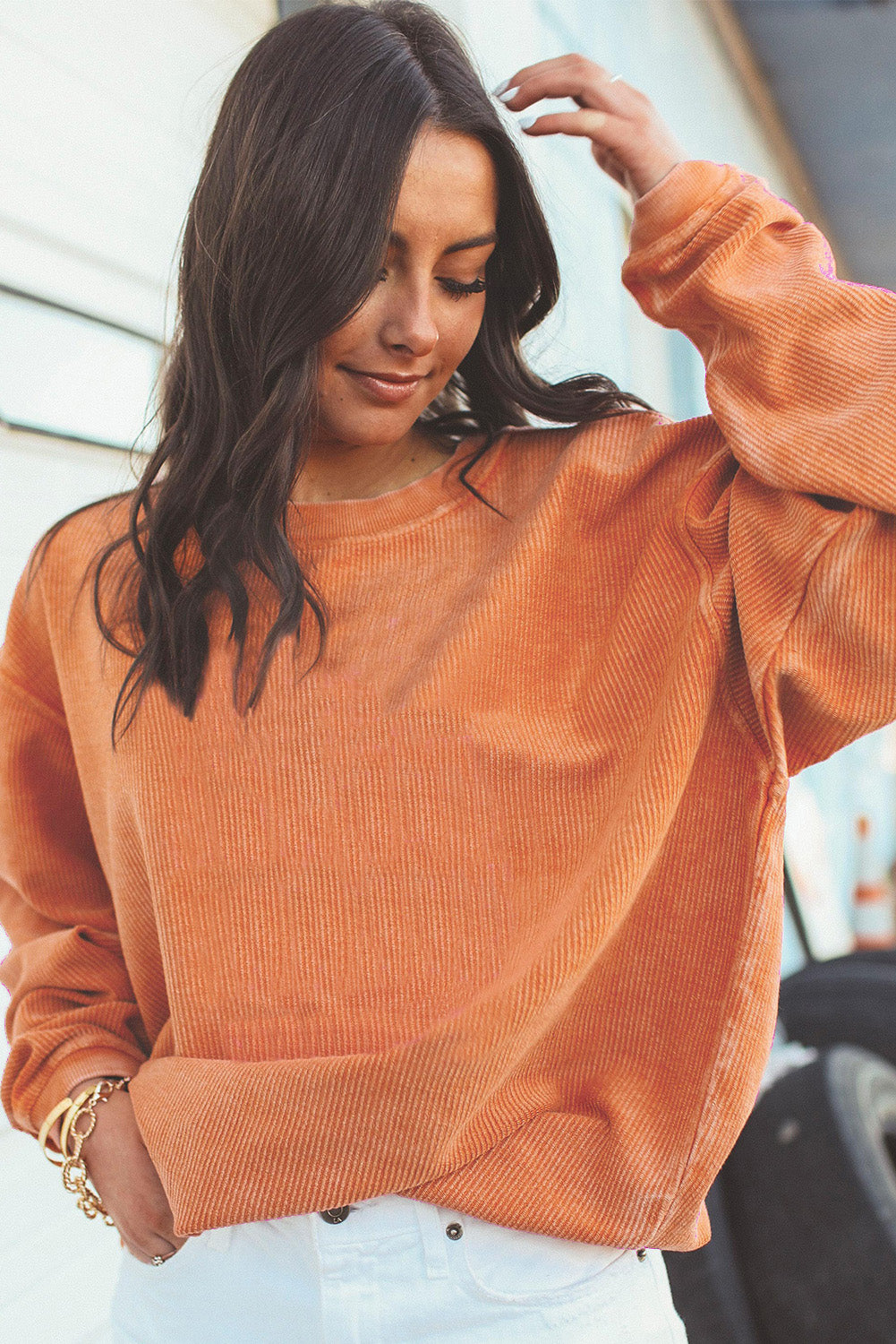 Orange Ribbed Corduroy Oversized Sweatshirt