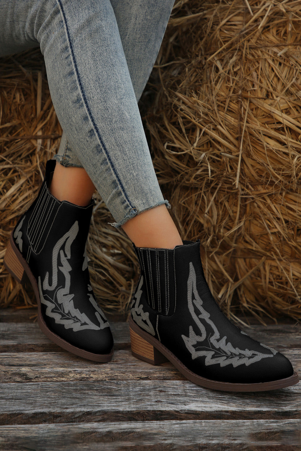 Black Embroidered Leather Thick Heel Booties