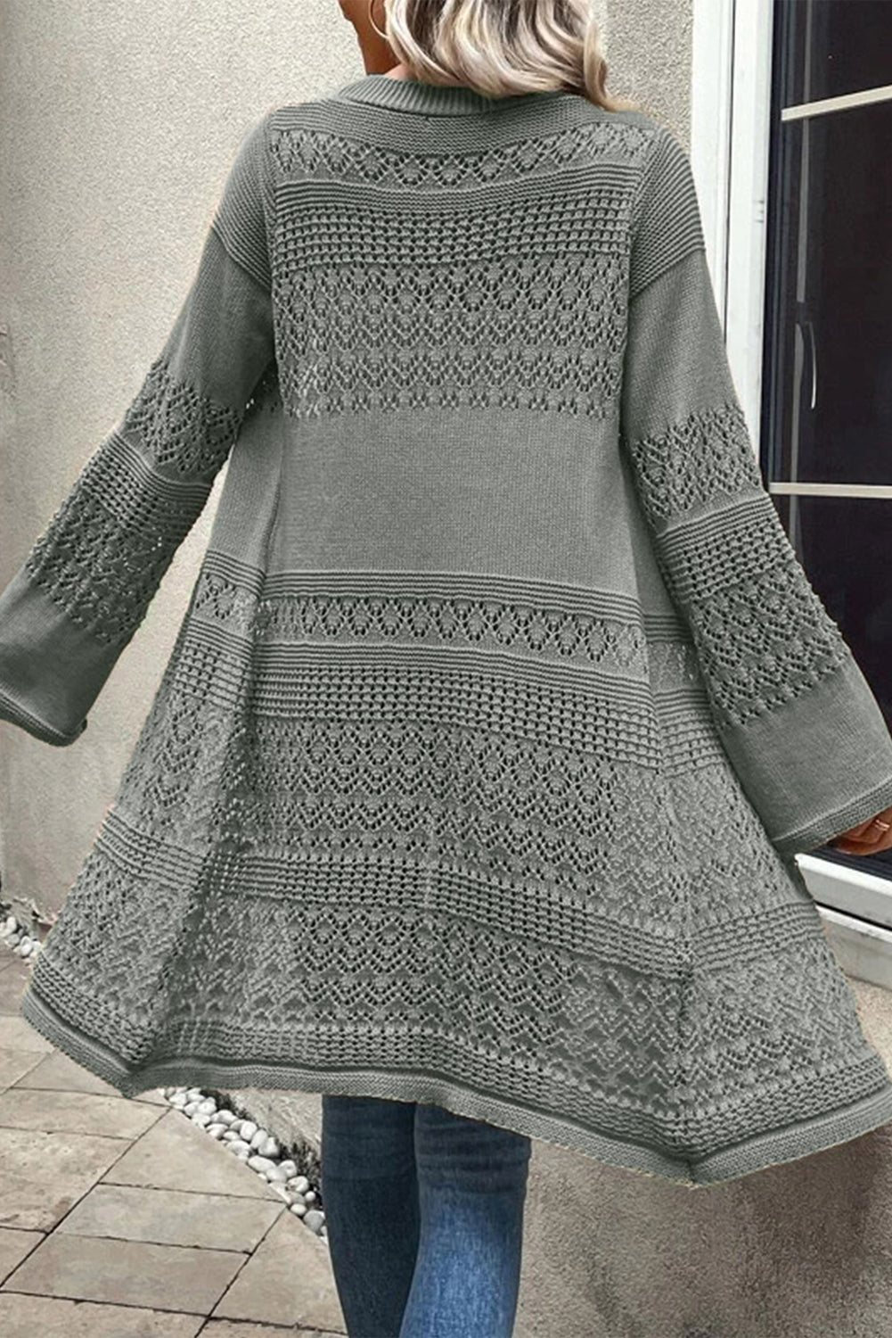Gray Pointelle Knit Open Front Cardigan