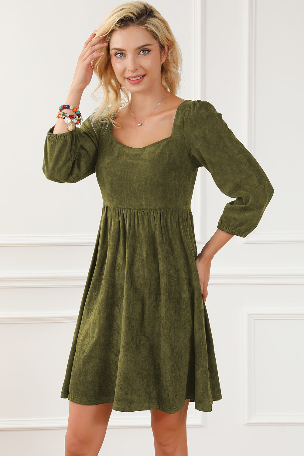 Brown Suede Square Neck Puff Sleeve Dress