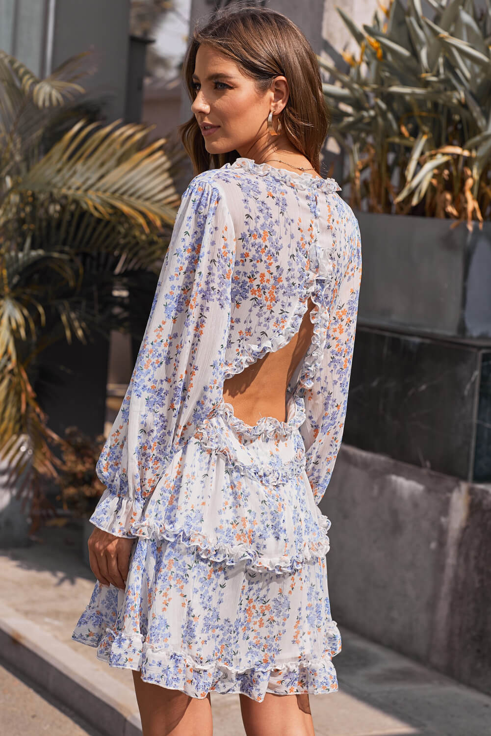 Sky Blue Ruffle Detailing Open Back Floral Dress