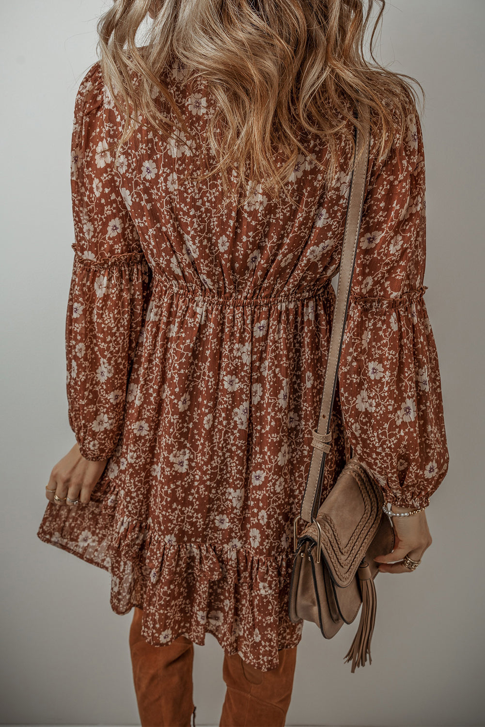 Brown Boho Floral Ruffled Puff Sleeve V Neck Mini Dress