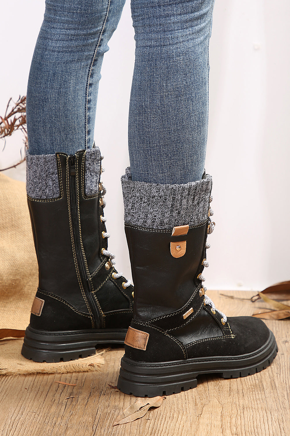 Black Knit Patchwork Lace Up Leather Boots