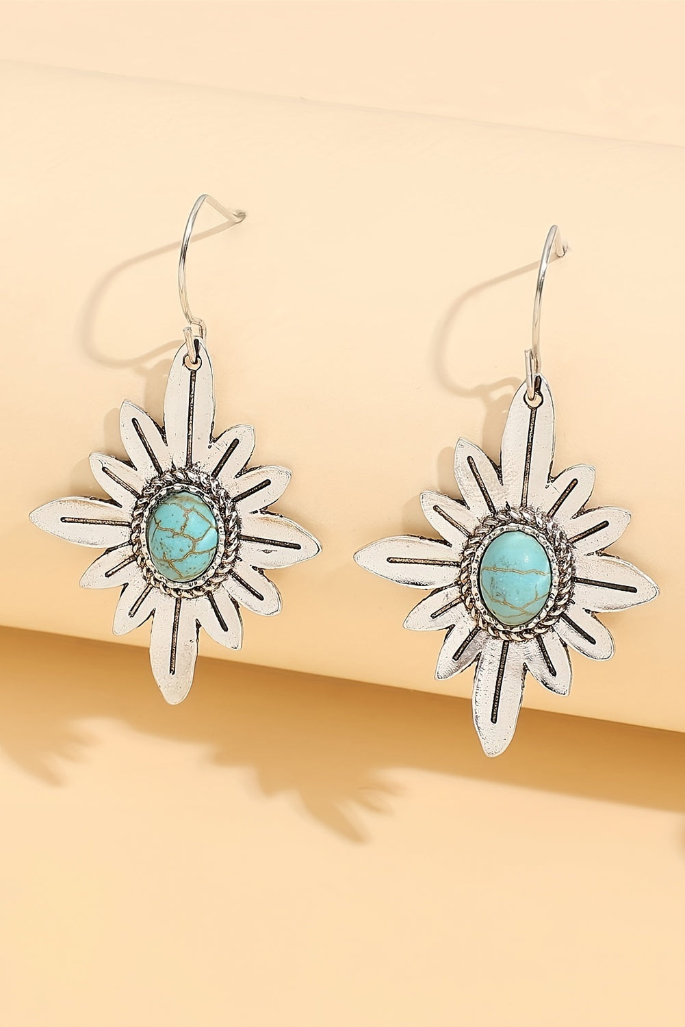 Silvery Western Turquoise Flower Shape Hook Earrings