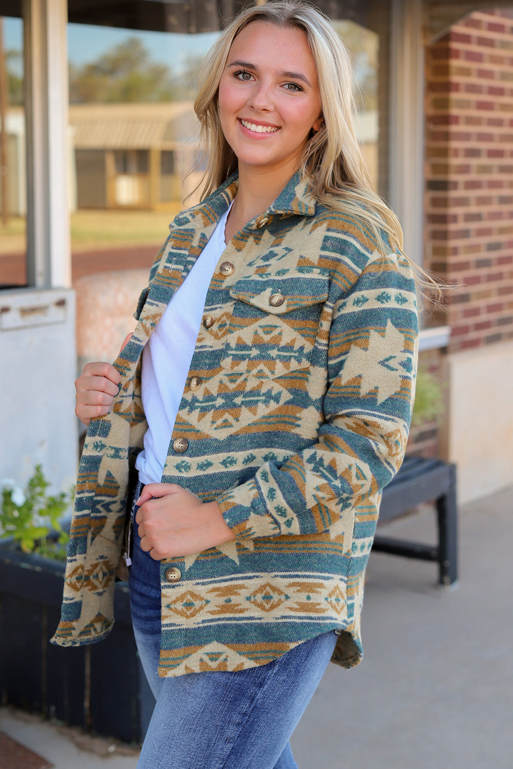 Yellow Western Aztec Print Button Flap Pocket Shacket