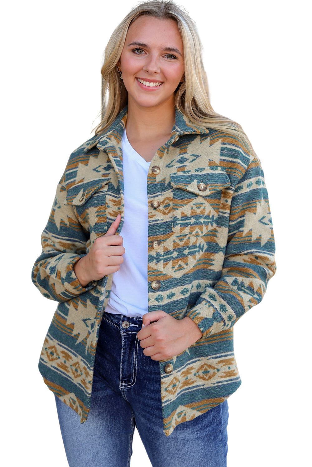 Yellow Western Aztec Print Button Flap Pocket Shacket