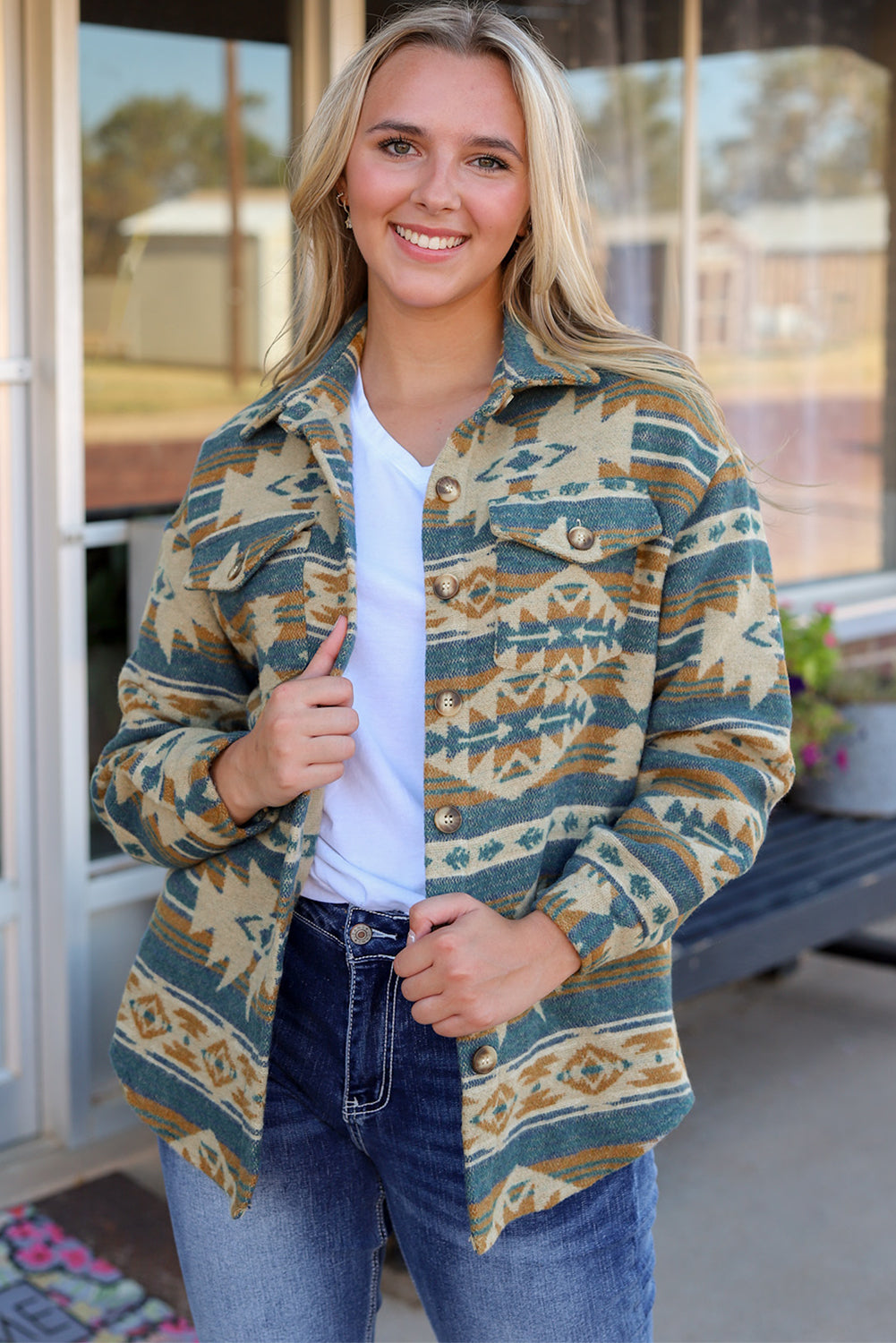 Yellow Western Aztec Print Button Flap Pocket Shacket