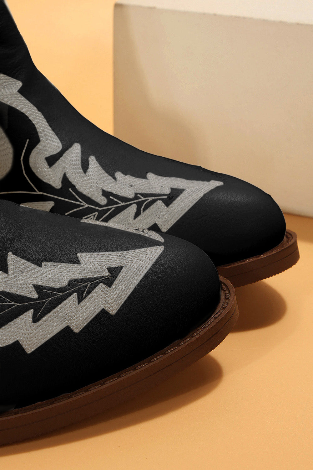 Black Embroidered Leather Thick Heel Booties