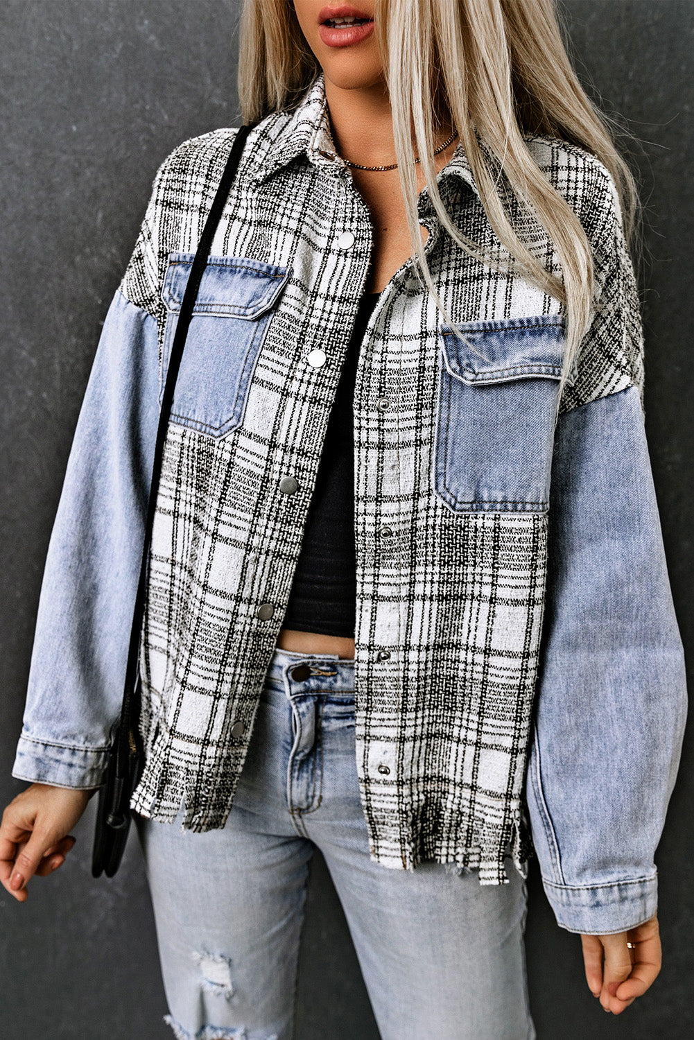 Sky Blue Plaid Patchwork Fringed Flap Pockets Denim Jacket