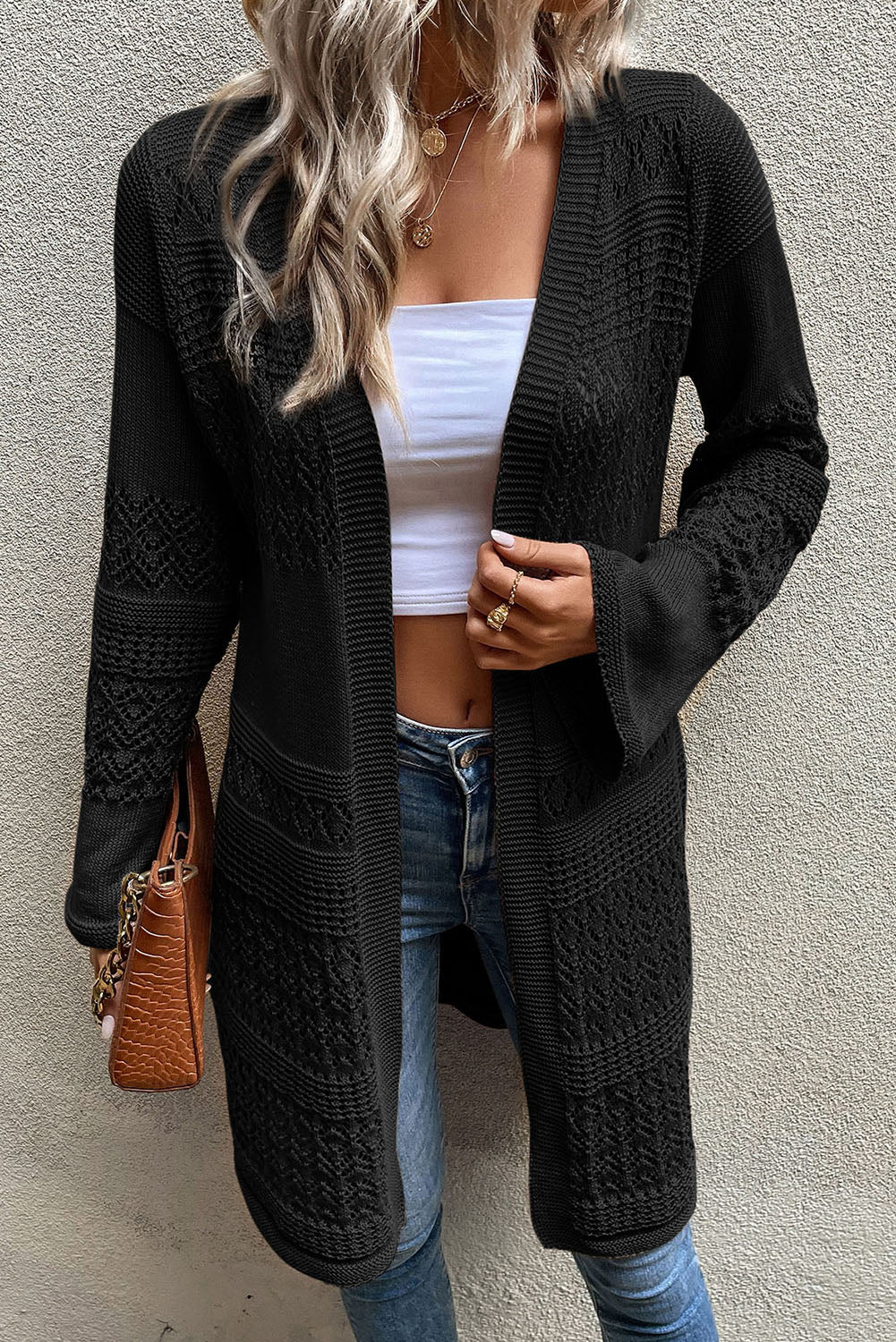 Gray Pointelle Knit Open Front Cardigan