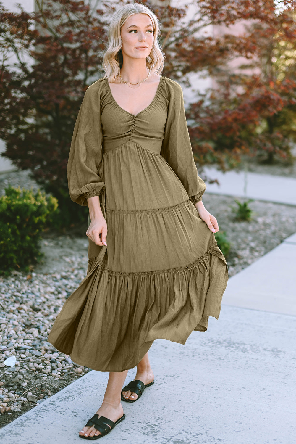 Brown V Neck Bowknot Cutout Frill Tiered Maxi Dress