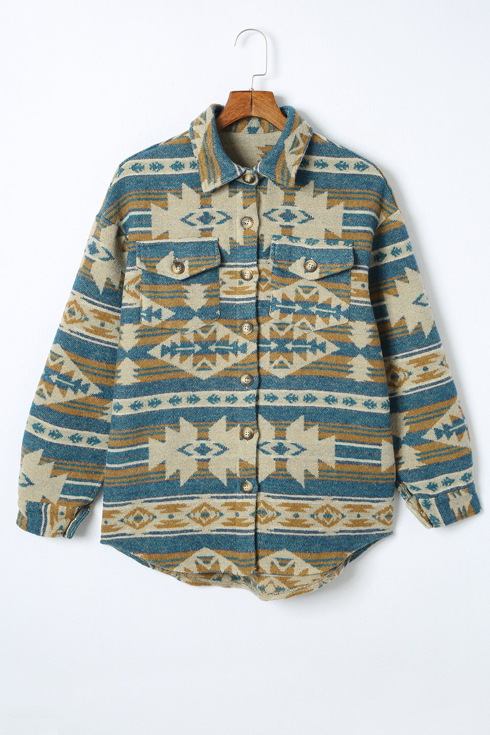 Yellow Western Aztec Print Button Flap Pocket Shacket