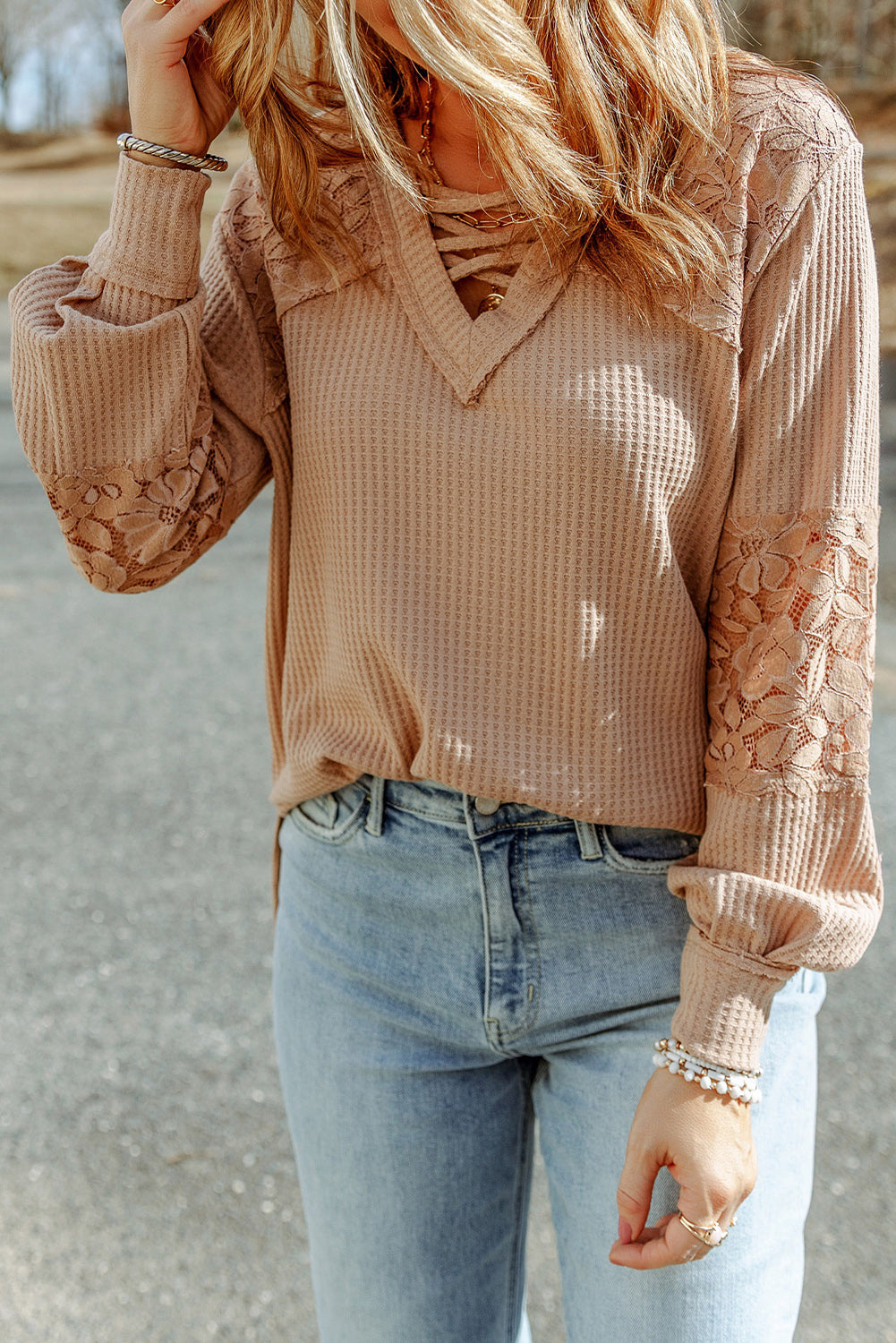 Apricot Lace Waffle Patchwork Strappy V Neck Long Sleeve Top