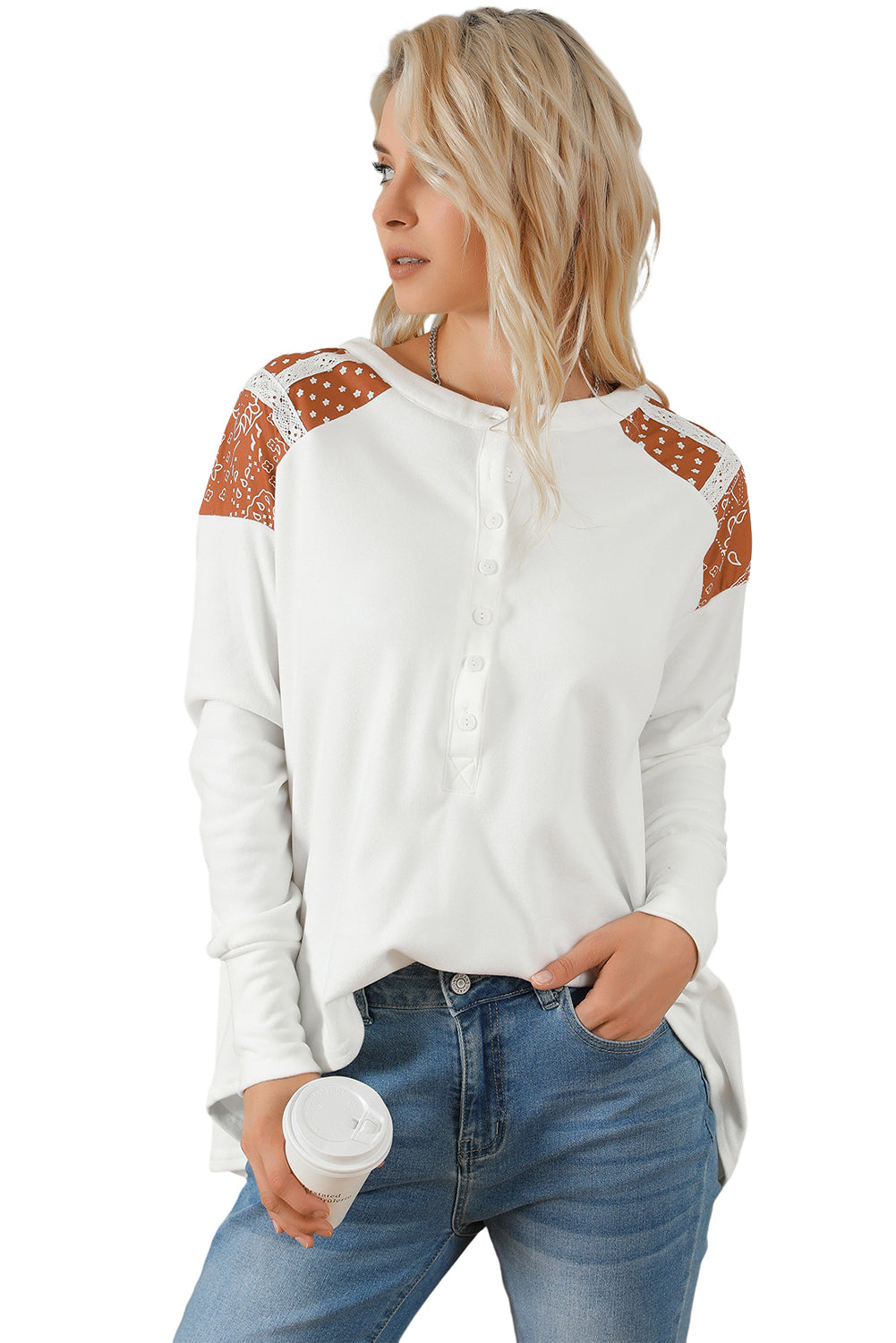 White Contrast Crochet Lace Henley Top