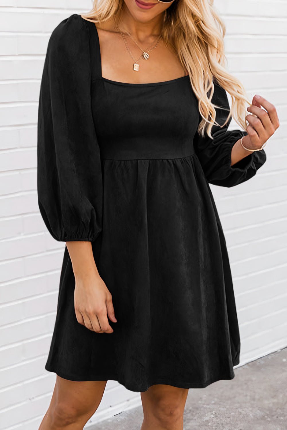 Brown Suede Square Neck Puff Sleeve Dress