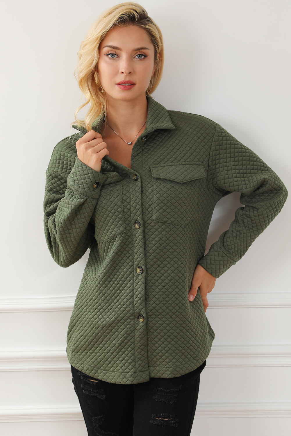 Green Retro Quilted Flap Pocket Button Shacket