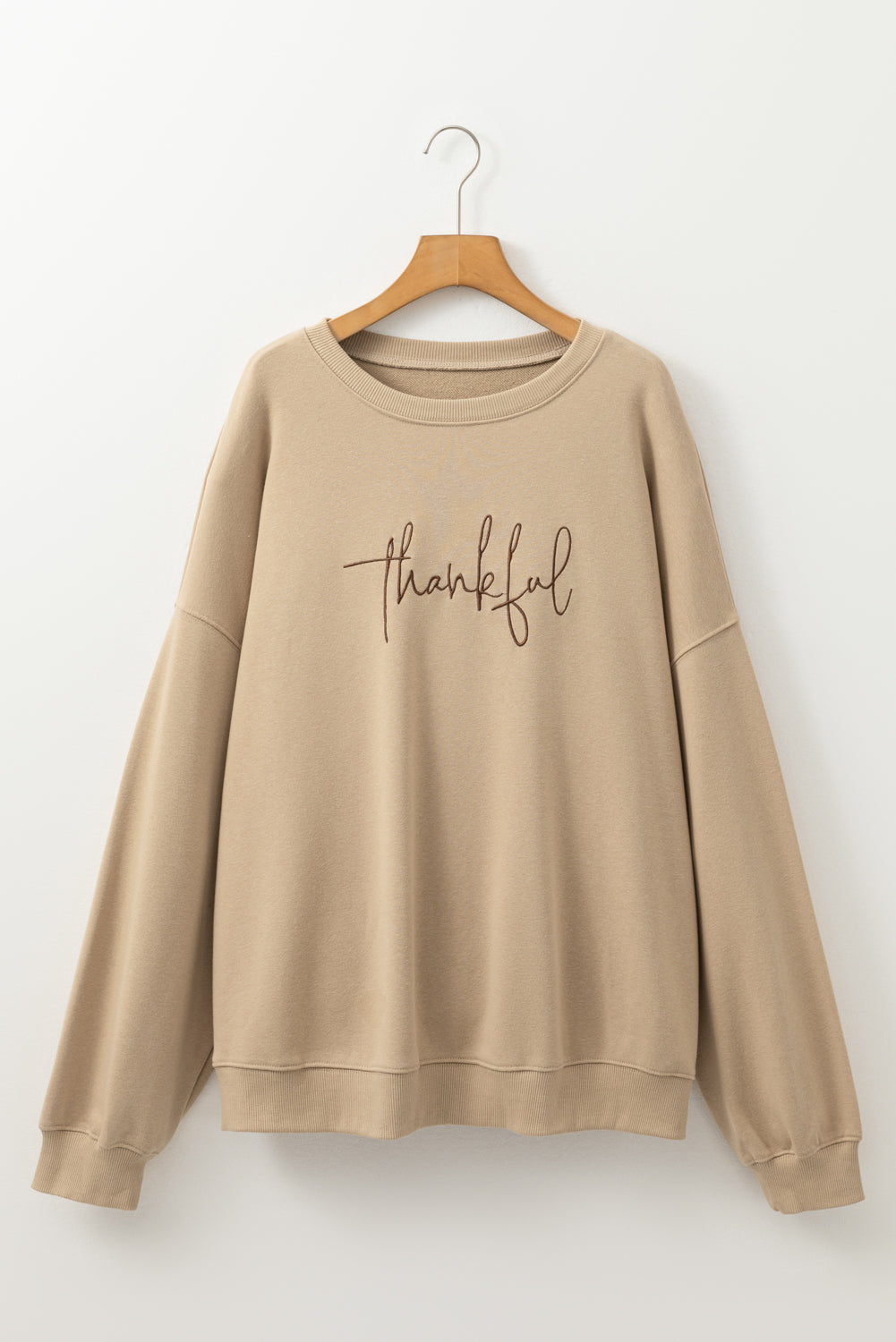 Apricot thankful Embroidered Crew Neck Plus Size Sweatshirt