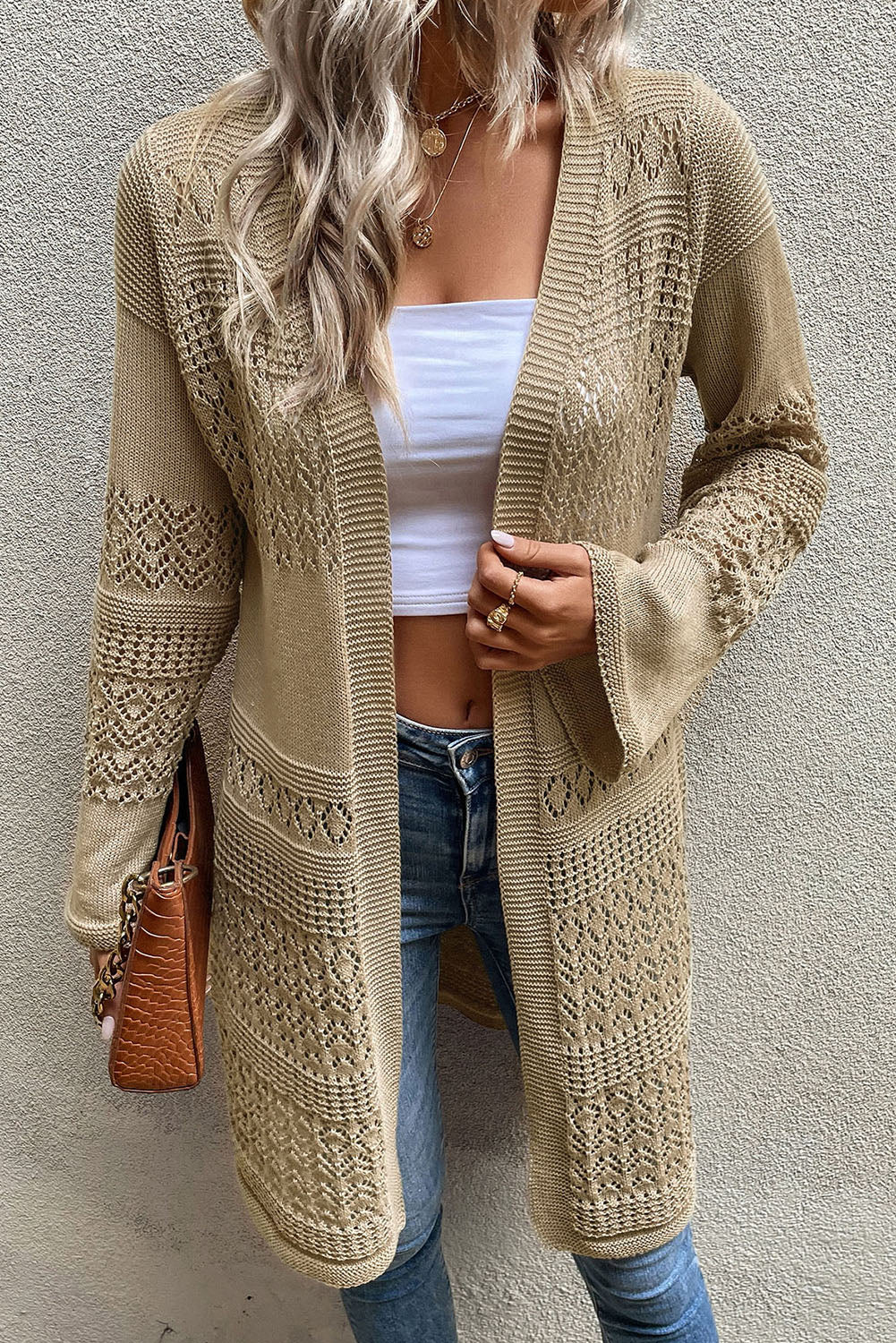 Gray Pointelle Knit Open Front Cardigan
