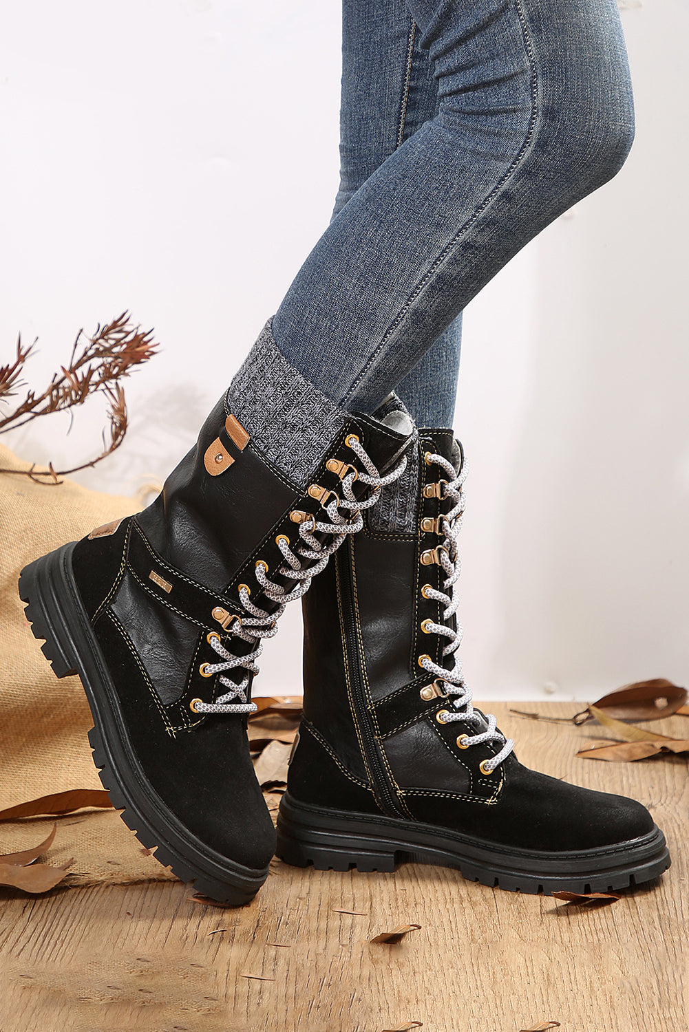 Black Knit Patchwork Lace Up Leather Boots
