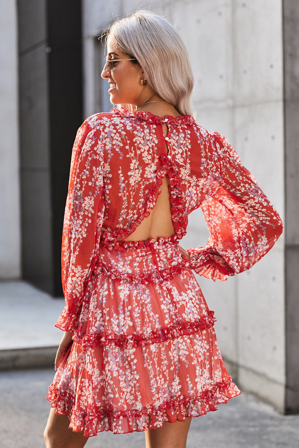 Sky Blue Ruffle Detailing Open Back Floral Dress