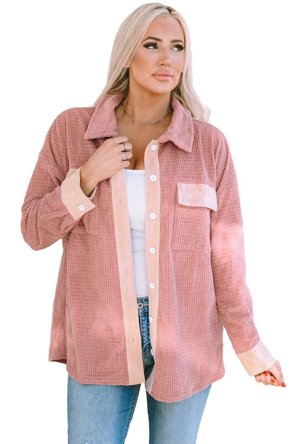 Peach Blossom Flap Pockets Drop Shoulder Textured Shacket