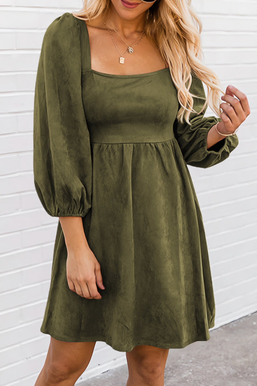 Brown Suede Square Neck Puff Sleeve Dress