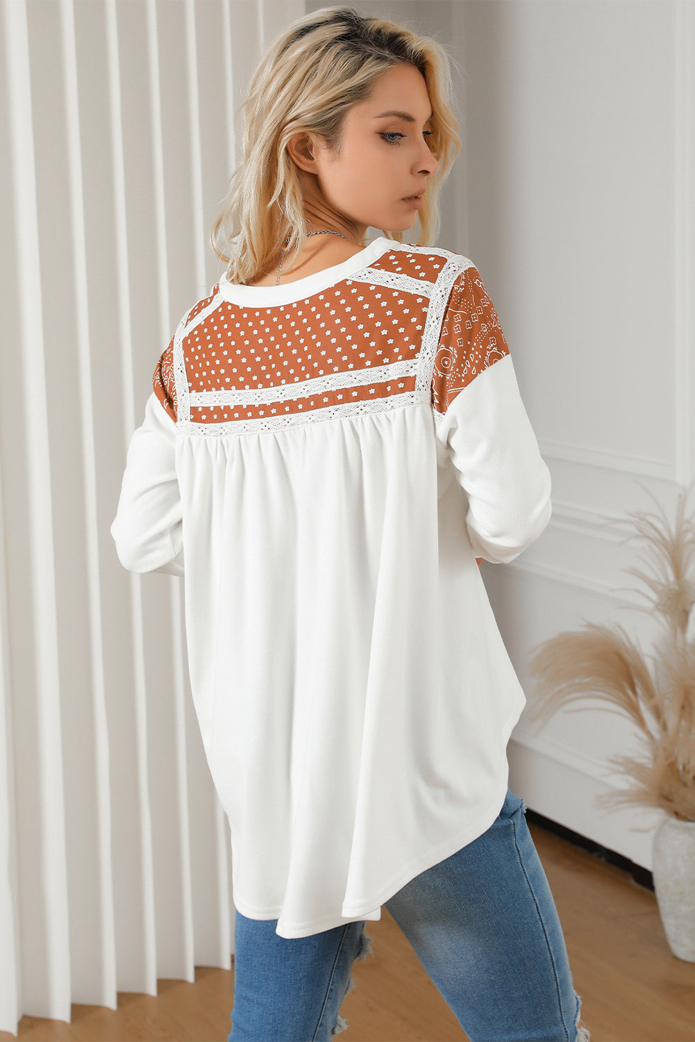 White Contrast Crochet Lace Henley Top