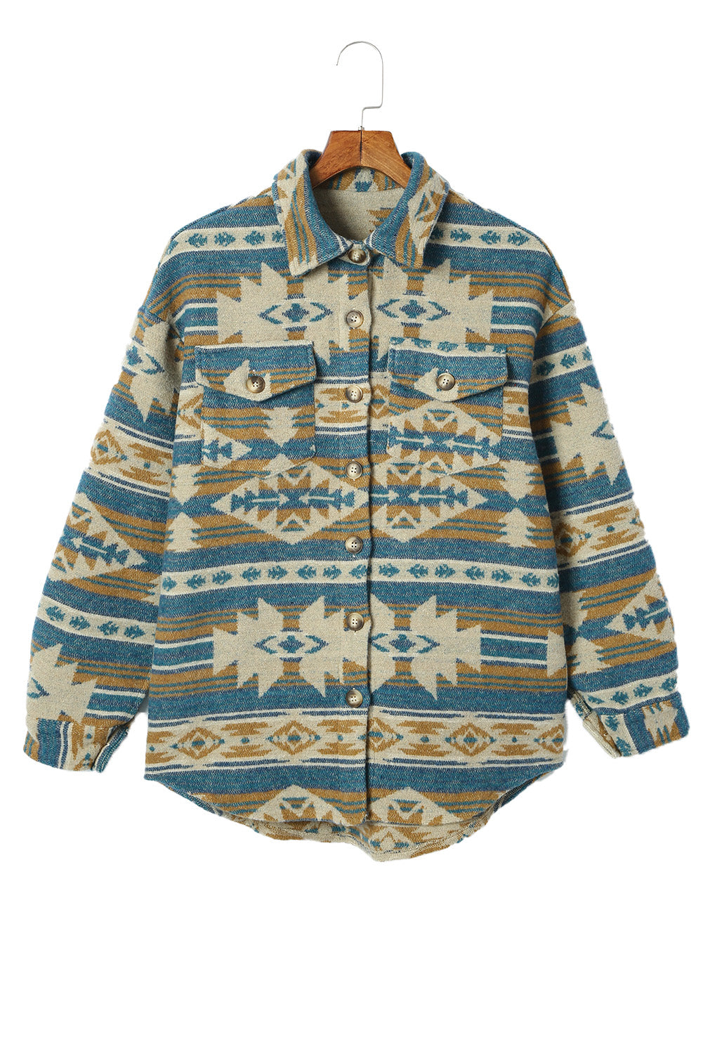 Yellow Western Aztec Print Button Flap Pocket Shacket