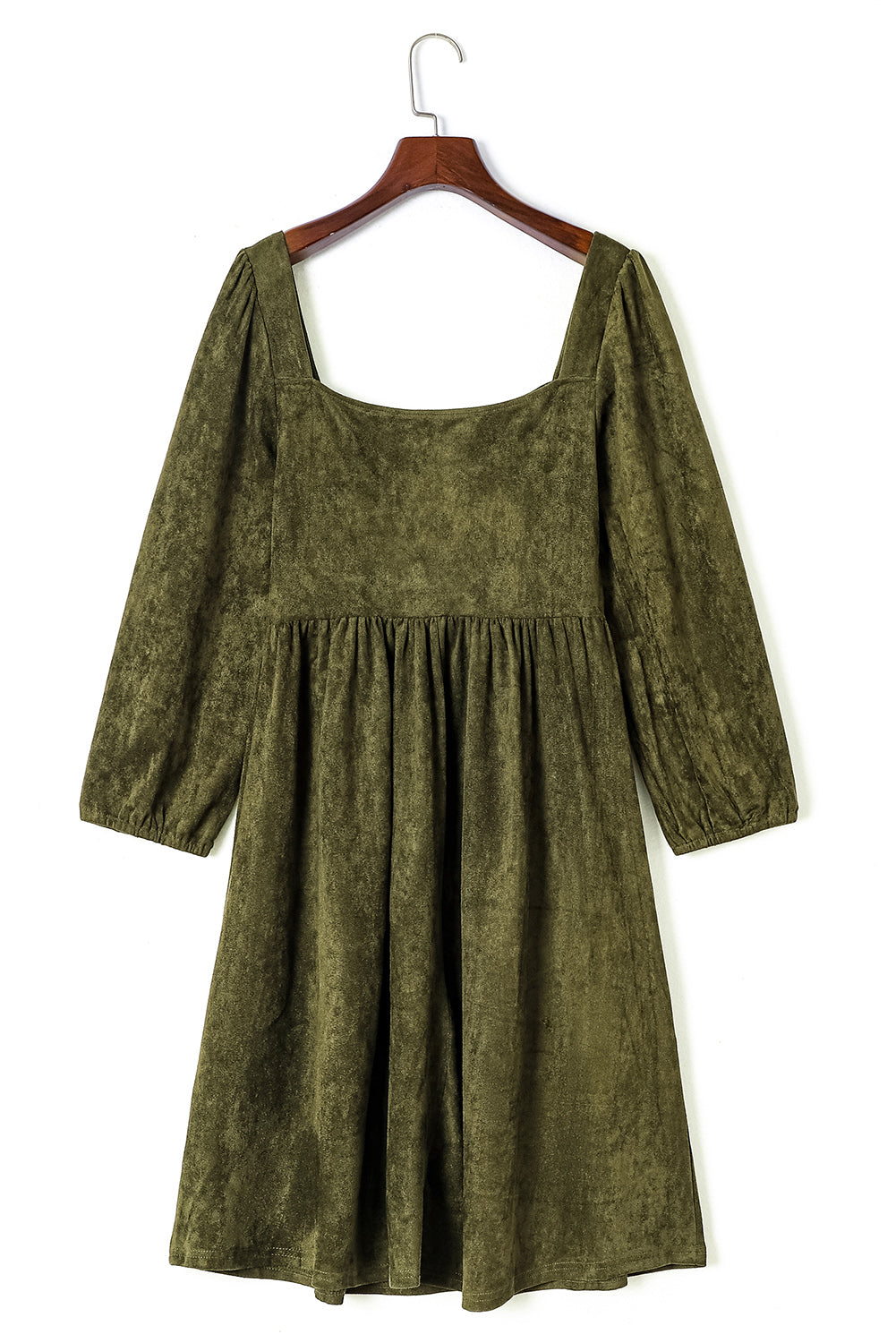 Brown Suede Square Neck Puff Sleeve Dress