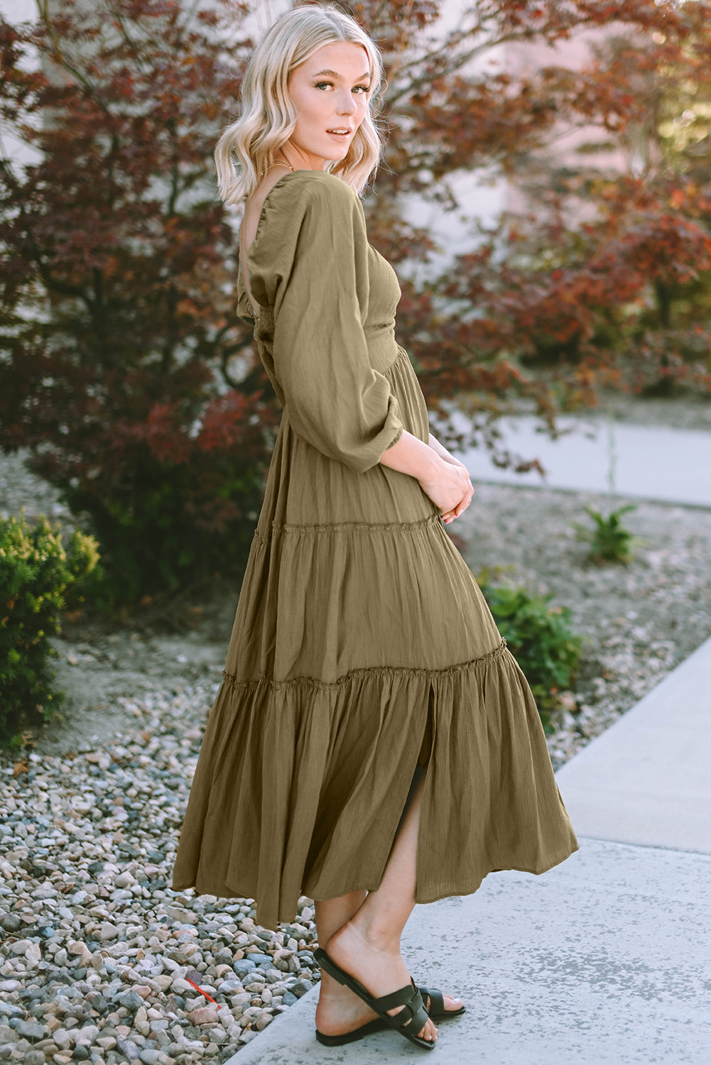 Brown V Neck Bowknot Cutout Frill Tiered Maxi Dress