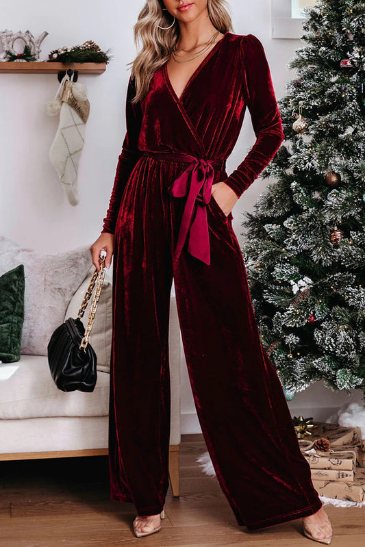 Fiery Red Velvet Pocketed Cut out Back Wide Leg Jumpsuit