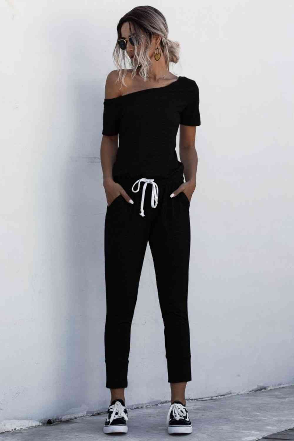 Asymmetrical Neck Tied Jumpsuit with Pockets