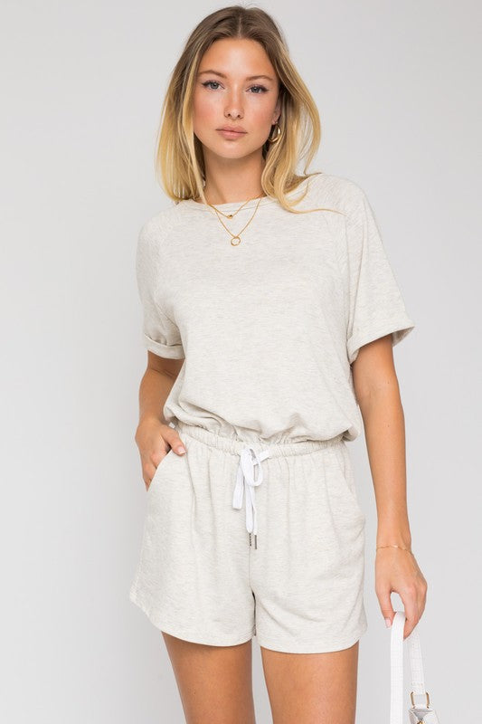 SHORTSLEEVE SIDE POCKET DRAWSTRING ROMPER