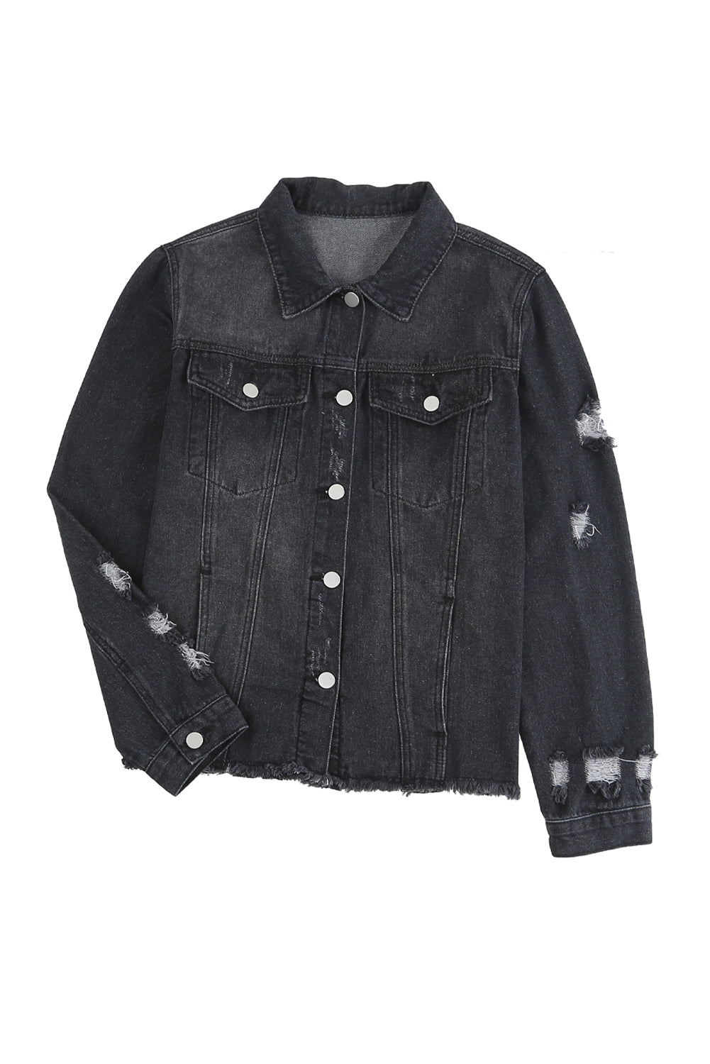 Lapel Distressed Raw Hem Buttons Denim Jacket