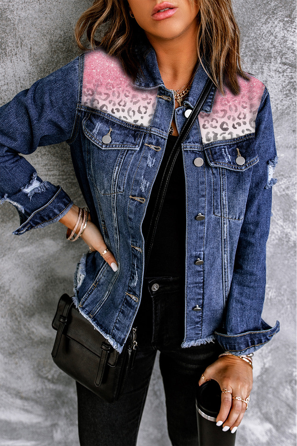 Lapel Distressed Raw Hem Buttons Denim Jacket