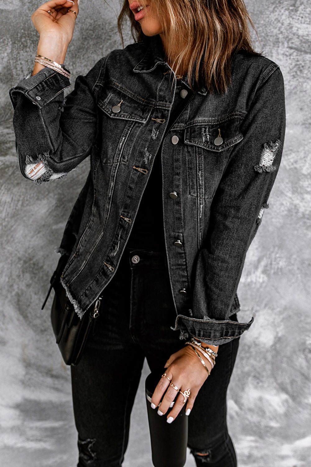 Lapel Distressed Raw Hem Buttons Denim Jacket